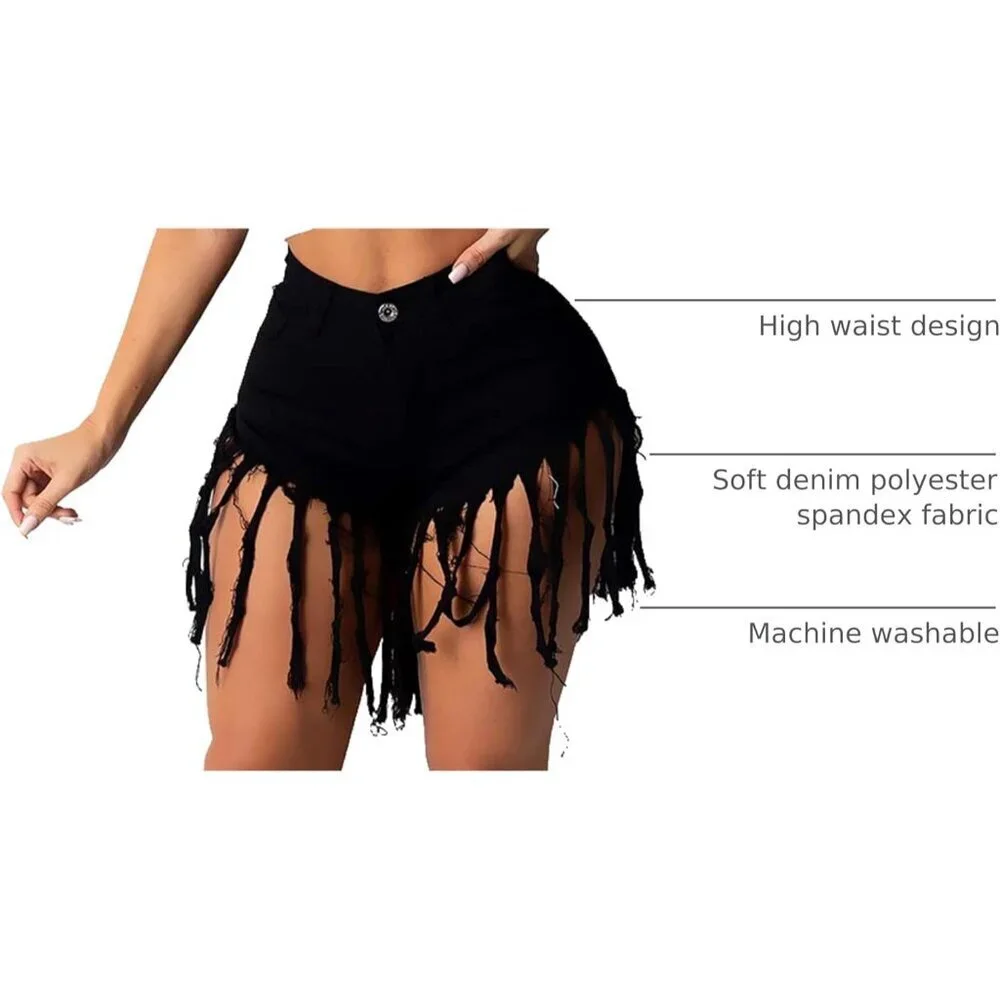 Women's Denim Shorts High Waist Frayed Ripped Tassels Casual Summer